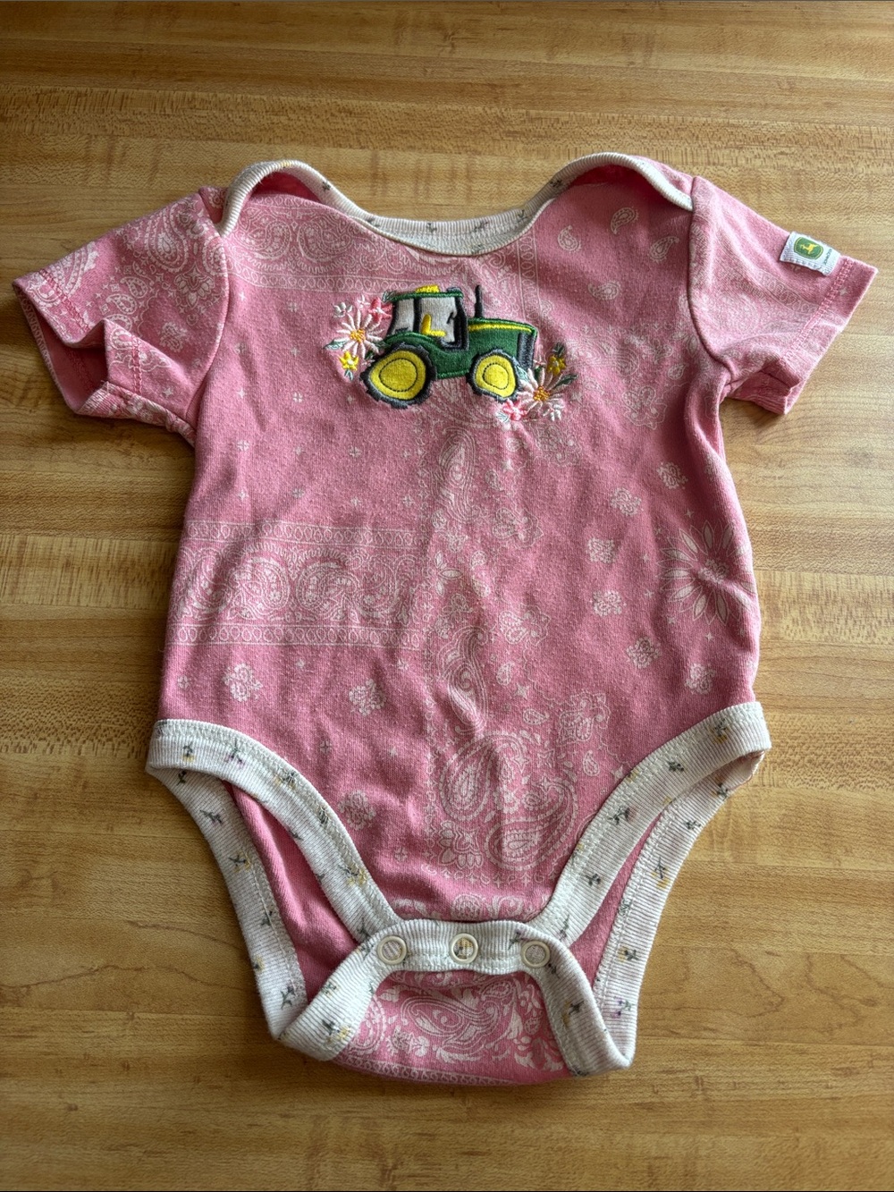 John Deere Pink Paisley One-Piece with Tractor Appliqué